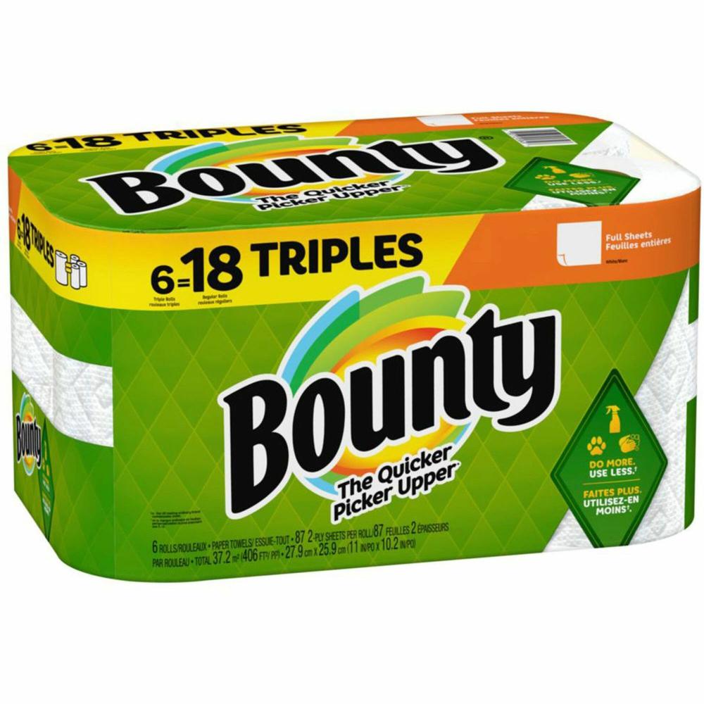 Bounty Full Sheet Paper Towels - 6 Triple Roll = 18 Regular - 2 Ply - 87 Sheets/Roll - White - 6 / Carton. Picture 1