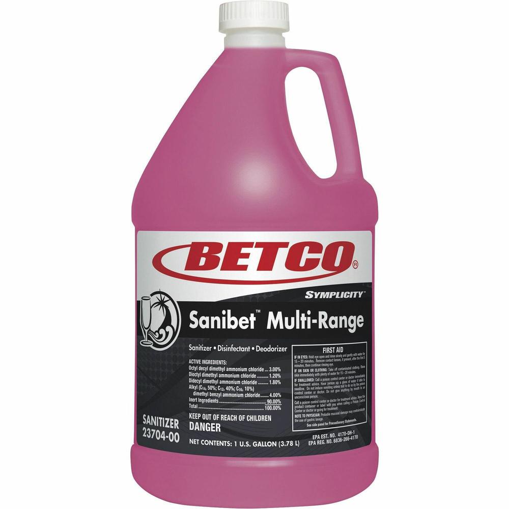 Betco Sanibet Sanitizer Disinfect Deodorizer - Concentrate - 128 fl oz (4 quart) - 4 / Carton - Pink. Picture 1