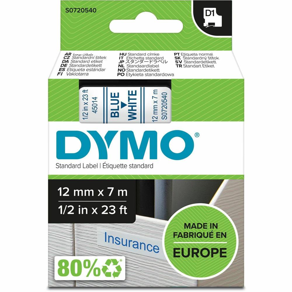 Dymo D1 Electronic Tape Cartridge - 1/2" Width x 23 ft Length - Blue, White - 1 Each - Easy Peel, Durable. Picture 1