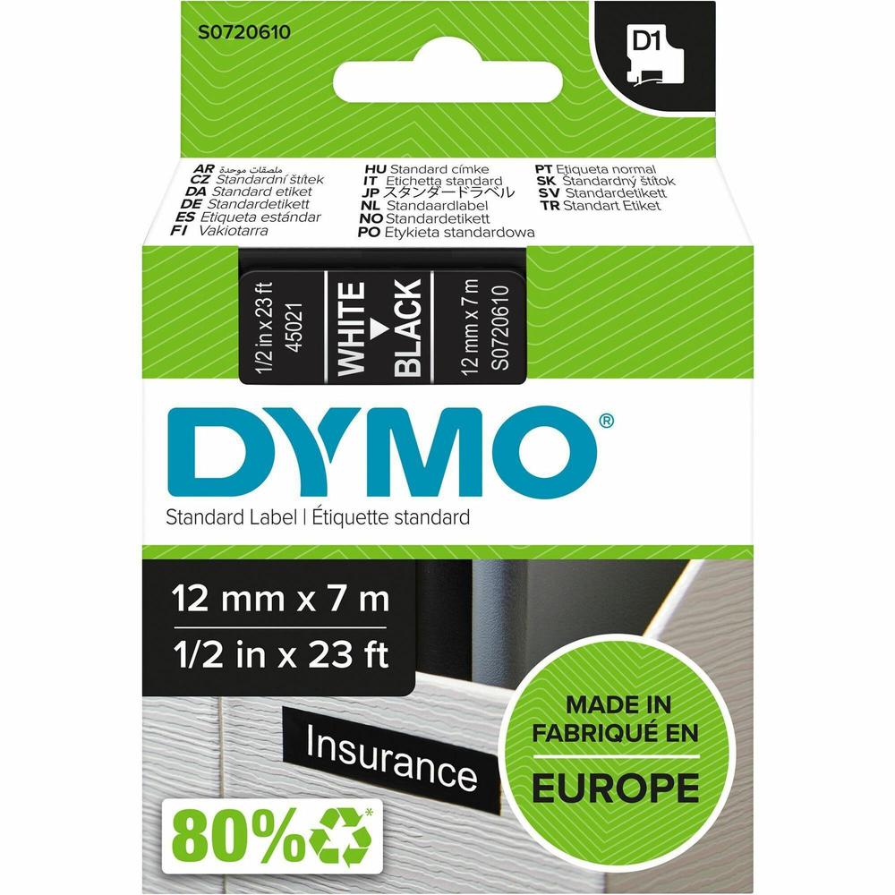 Dymo S0720610 D1 45021 Tape 12mm x 7m White on Black - 15/32" Width x 22 31/32 ft Length - White on Black - 1 Each - Easy Peel, Durable. Picture 1