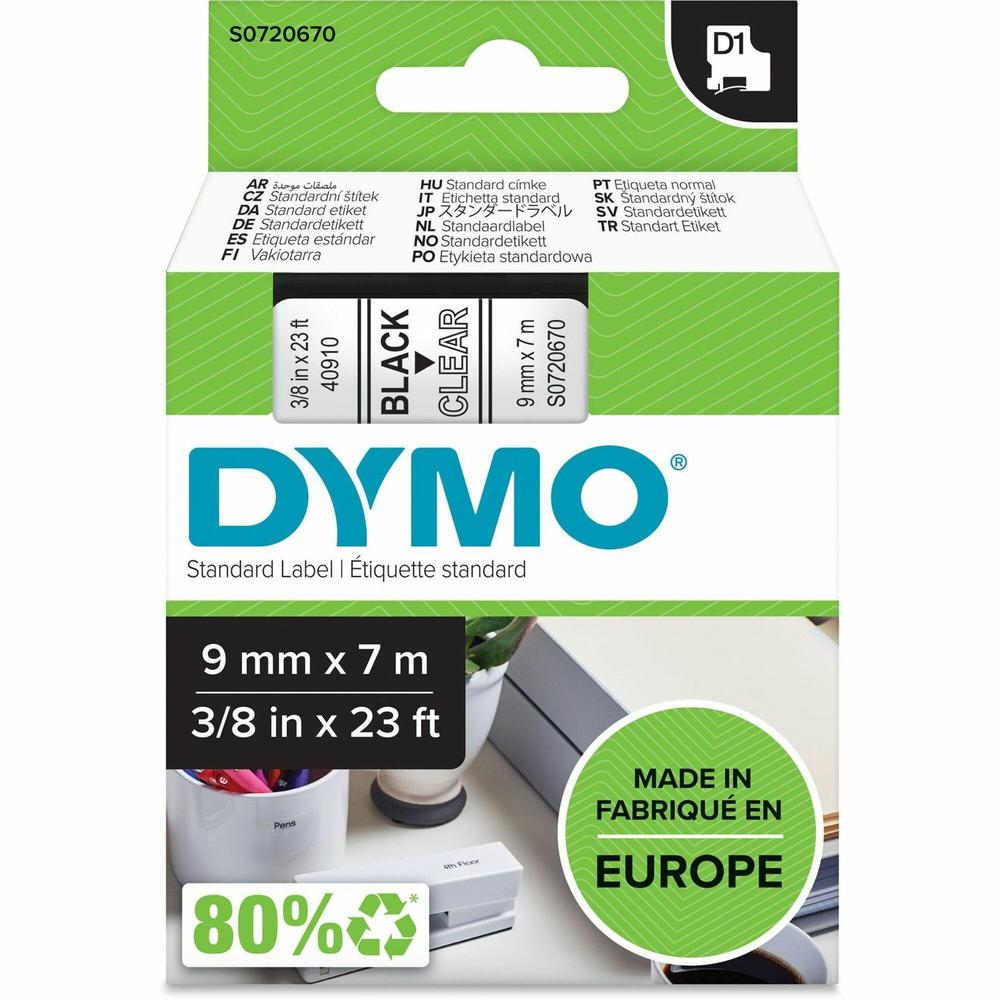 Dymo S0720670 D1 40910 Tape 9mm x 7m Black on Clear - 23/64" Width x 22 31/32 ft Length - Black on Clear - 1 Each - Easy Peel, Durable. Picture 1
