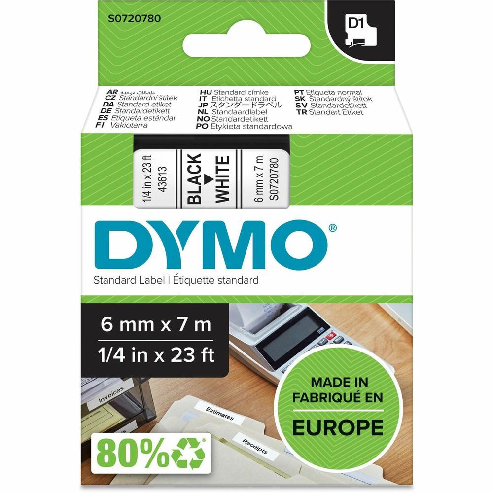 Dymo S0720780 D1 43613 Tape 6mm x 7m Black on White - 15/64" Width x 22 31/32 ft Length - Black on White - 1 Cassette - Easy Peel, Durable. Picture 1