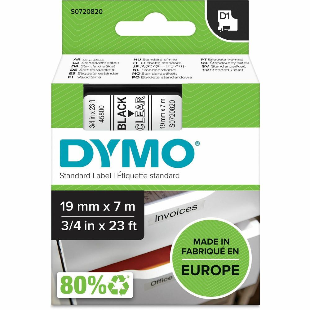 Dymo S0720820 D1 45800 Tape 19mm x 7m Black on Clear - 3/4" Width x 22 31/32 ft Length - Black on Clear - 1 Each - Easy Peel, Durable. Picture 1
