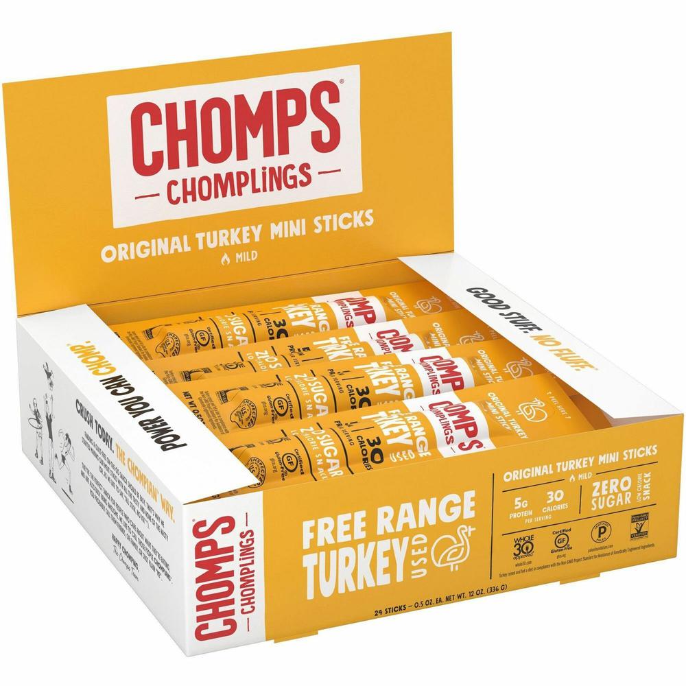 CHOMPS Chomplings Snack Sticks - Gluten-free, Non-GMO - Original Turkey - 0.50 oz - 24 / Pack. Picture 1
