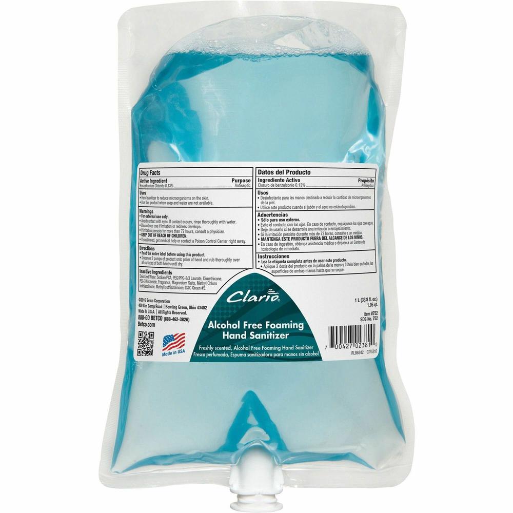 Betco Clario Hand Sanitizer Foam - Light Fresh, Fresh Neutral Scent - 33.8 fl oz (1000 mL) - Kill Germs, Bacteria Remover - Hand, Skin - Light Green - Pleasant Scent - 6 / Carton. Picture 1