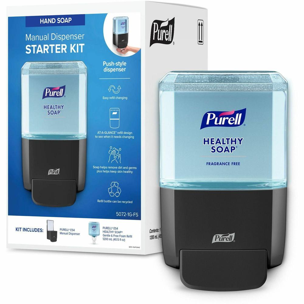 Gojo&reg; ES4 Push-Style Soap Dispenser Starter Kit - 1.27 quart Capacity - Hygienic, Dye-free, Fragrance-free, Refillable, Wall Mountable - Graphite. Picture 1