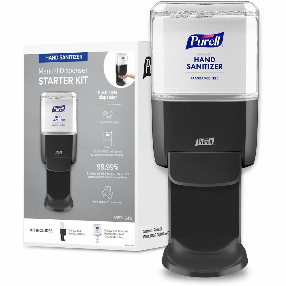 Gojo&reg; ES4 Push Hand Sanitizer Dispenser Starter Kit - 1.27 quart Capacity - Hygienic, Durable, Wall Mountable - Graphite. Picture 1