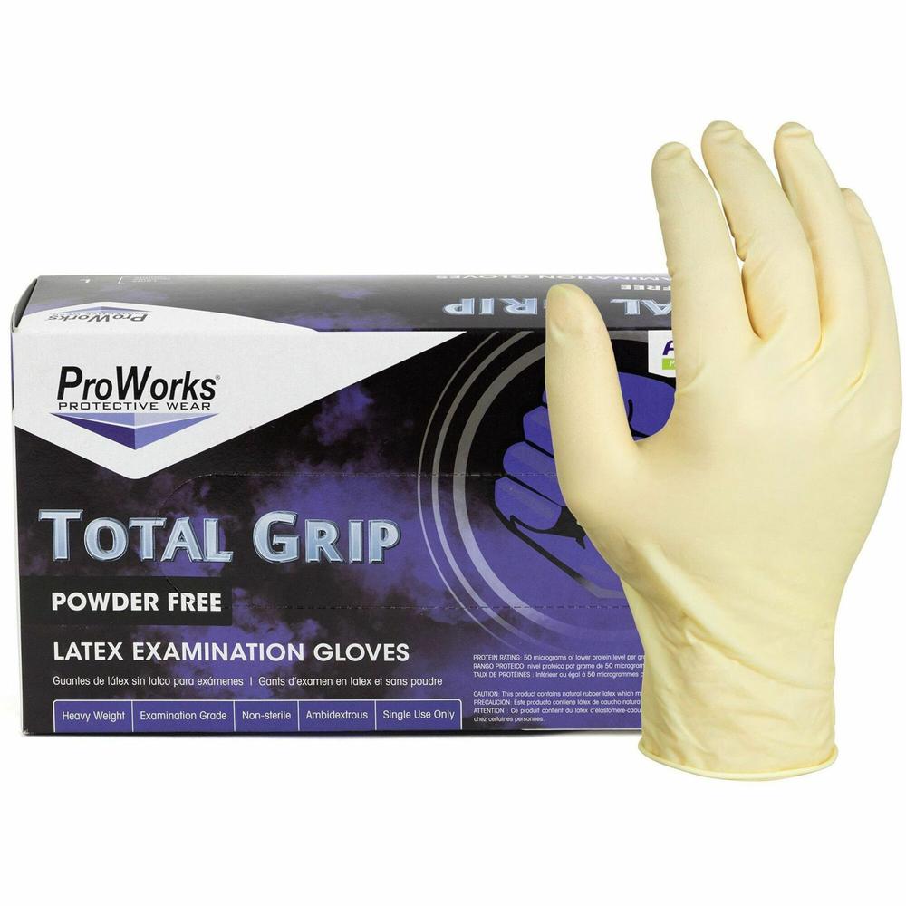 ProWorks Total Grip Latex Powder Free Exam Gloves - X-Large Size - For Right/Left Hand - Latex - Natural - Double Chlorinated, Non-sterile - For Automotive, Aerospace, Correction, Laboratory, Oil & Ga. Picture 1