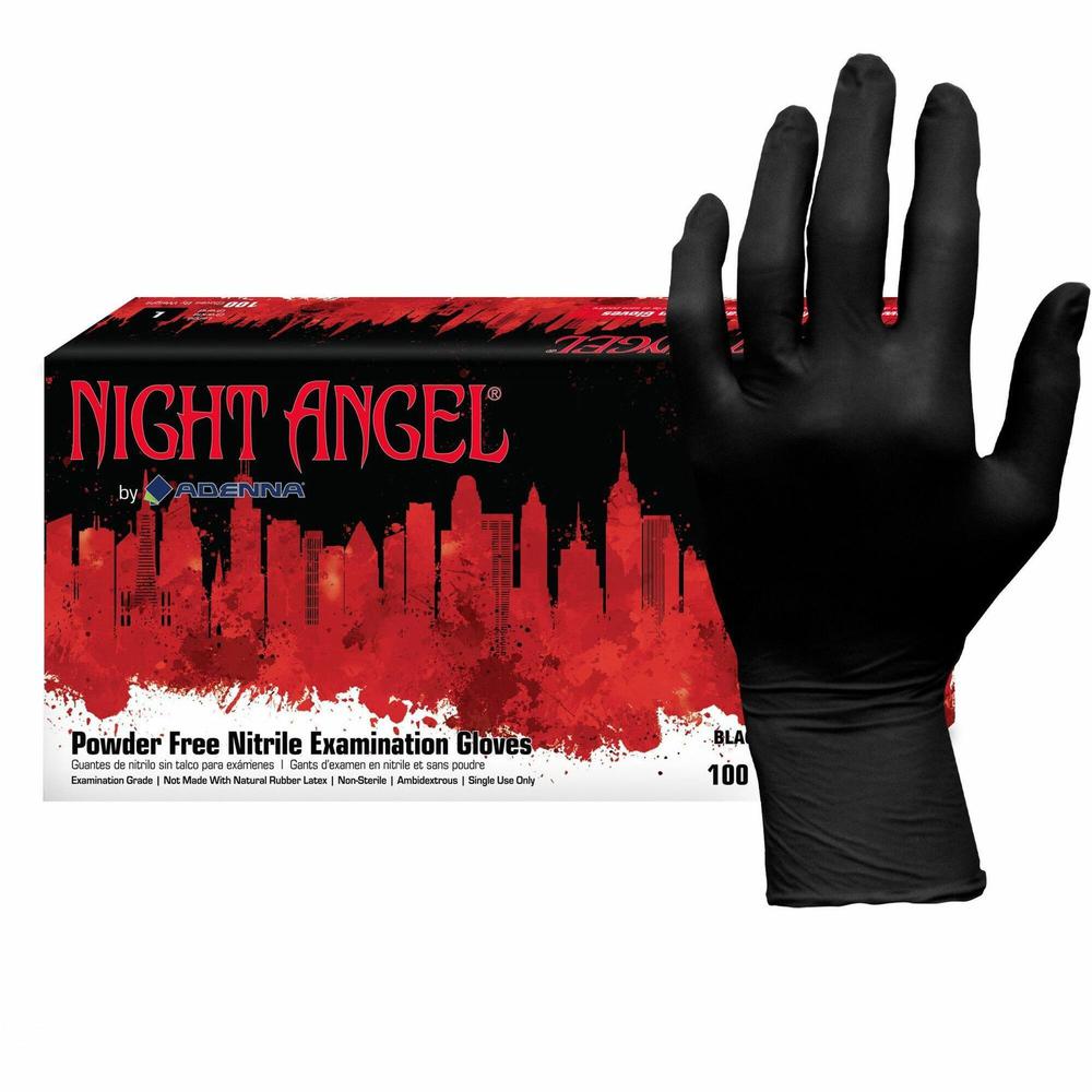 NIGHT ANGEL Nitrile Powder Free Exam Glove - Large Size - For Right/Left Hand - Nitrile - Black - Latex-free, Soft, Flexible, Non-sterile, Textured - For Examination, Tattoo Studio, Cosmetology, Law E. Picture 1