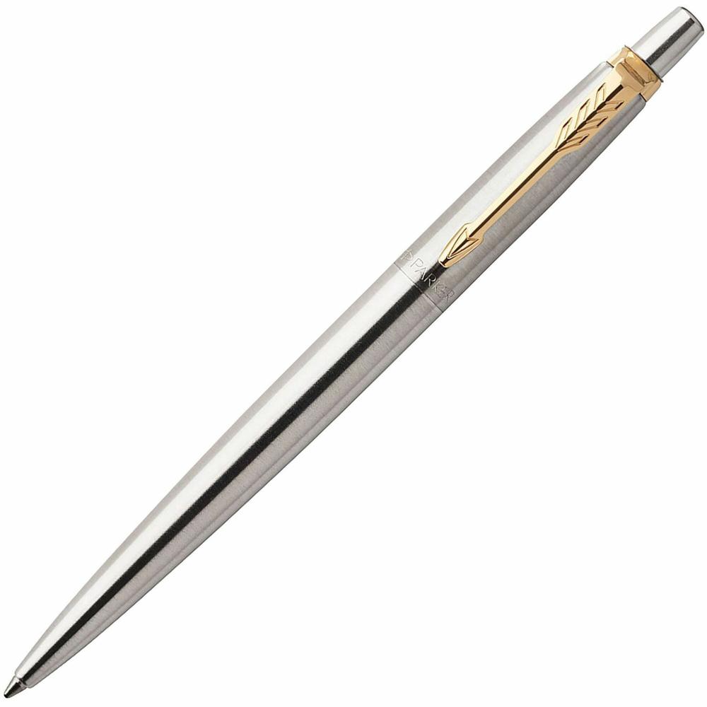 Parker Jotter Steel Gel Golden Finish Trim Ballpoint Pen - Bold Pen Point - 0.7 mm Pen Point Size - Conical Pen Point Style - Refillable - Retractable - Black - Stainless Steel Stainless Steel Barrel. Picture 1