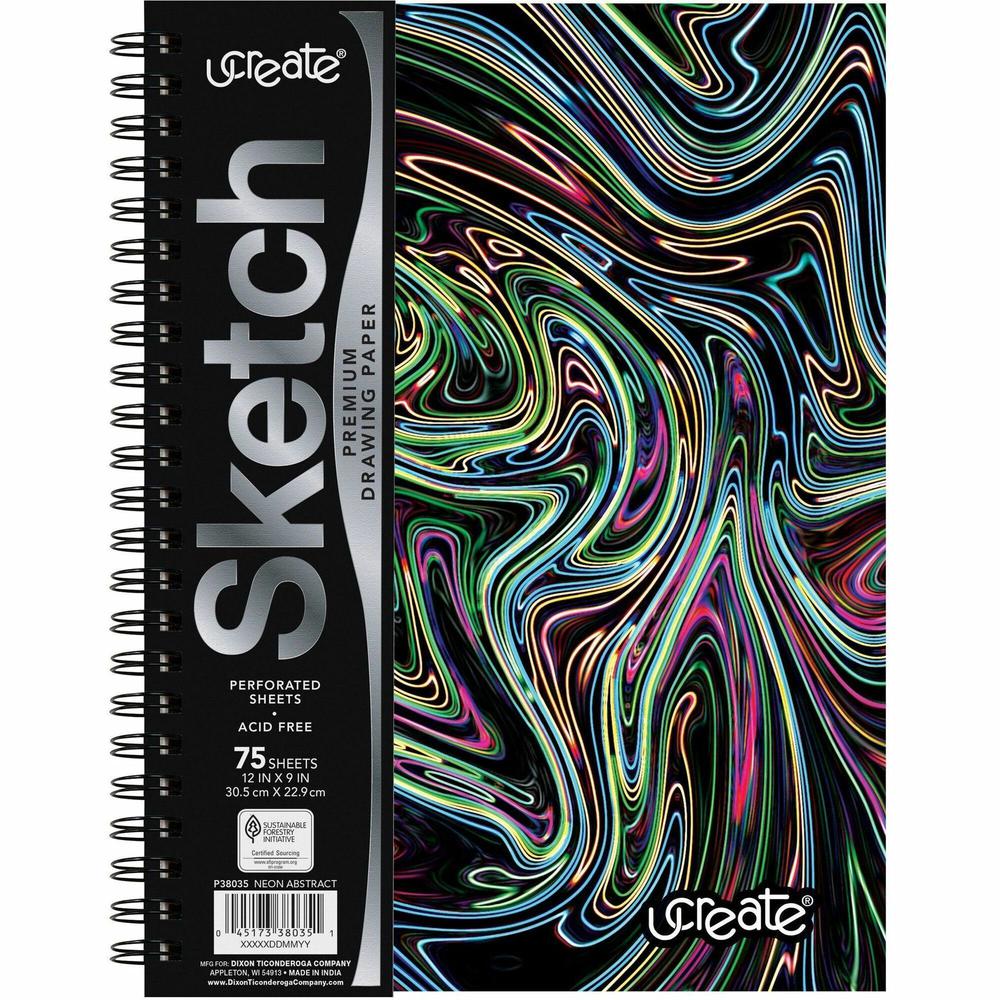 Pacon Fashion Sketch Book - 75 Pages - Spiral - 120 g/m&#178; Grammage - 9" x 6" - Neon Neon Squiggles Cover - Acid-free, Perforated, Durable. Picture 1