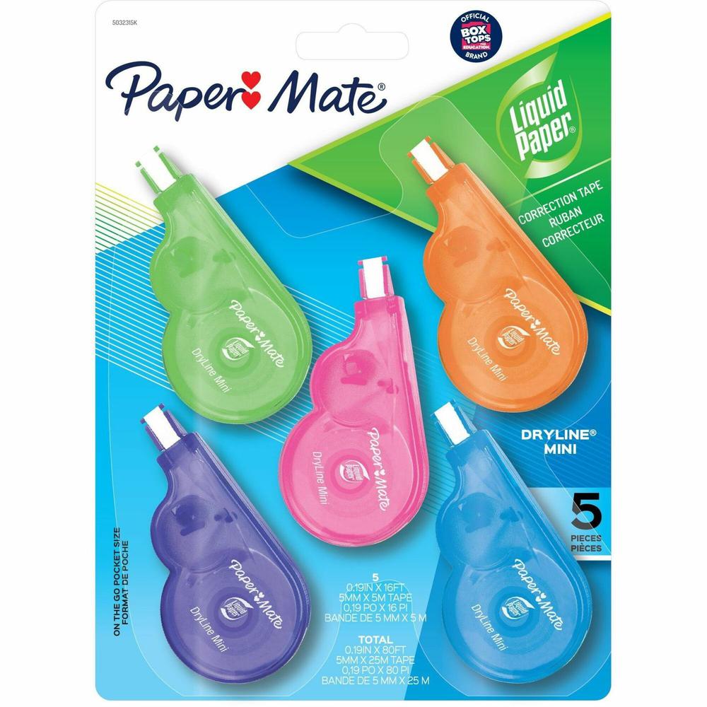 Paper Mate Dryline Mini Grip Correction Tape - 0.20" Width x 16.40 ft Length - White TapeAssorted Dispenser - Break Resistant, Mess-free - 5 / Pack - White. Picture 1