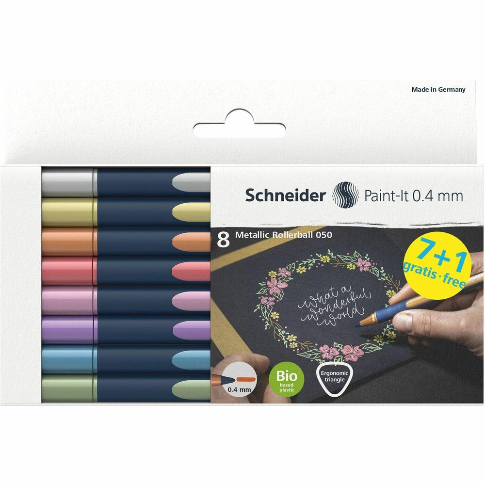 Schneider Metallic Rollerball Pens - 0.4 mm Pen Point Size - Assorted Metallic - Bioplastic Barrel - 8 / Pack. Picture 1