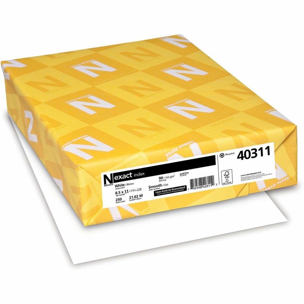 Exact Index Paper - 94 Brightness - 8 1/2" x 11" - 90 lb Basis Weight - Smooth - 4 / Carton - Durable, Acid-free - White. Picture 1