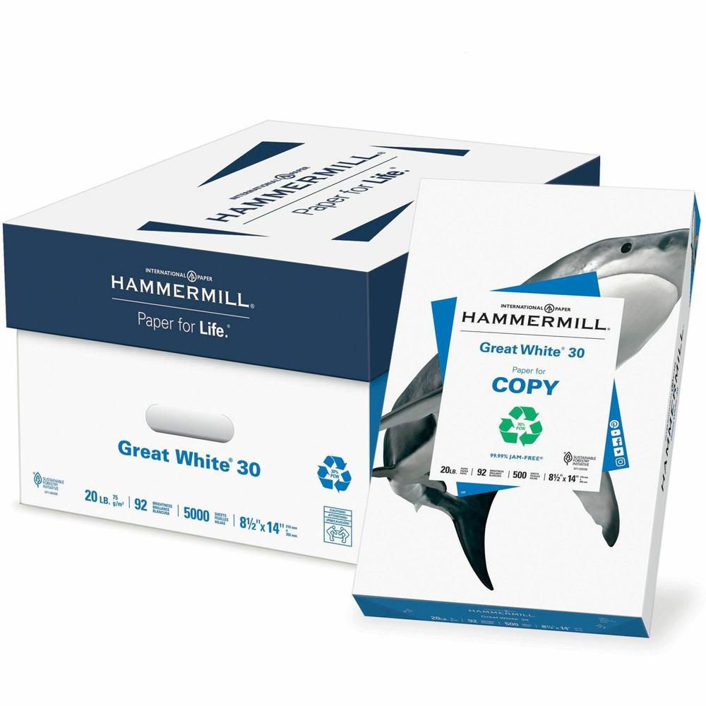 Hammermill Great White 30 Copy Paper - 92 Brightness - 88% Opacity - 8 1/2" x 14" - 20 lb Basis Weight - 75 g/m&#178; Grammage - 10 / Carton - 500 Sheets per Ream - Acid-free, Jam-free - White. Picture 1