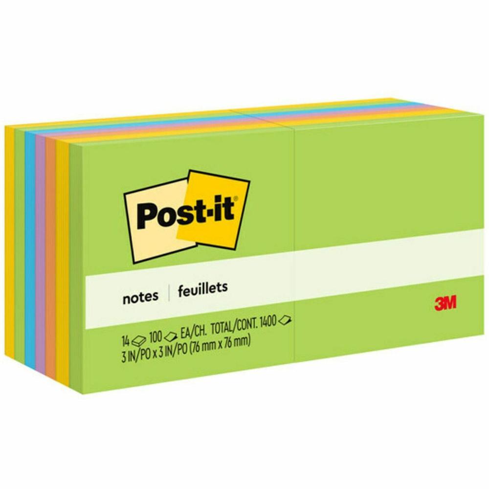 Post-it&reg; Notes - Floral Fantasy Color Collection - 1400 - 3" x 3" - Square - 100 Sheets per Pad - Unruled - Limeade, Citron, Iris Infusion, Positively Pink, Blue Paradise - Paper - Self-adhesive, . Picture 1