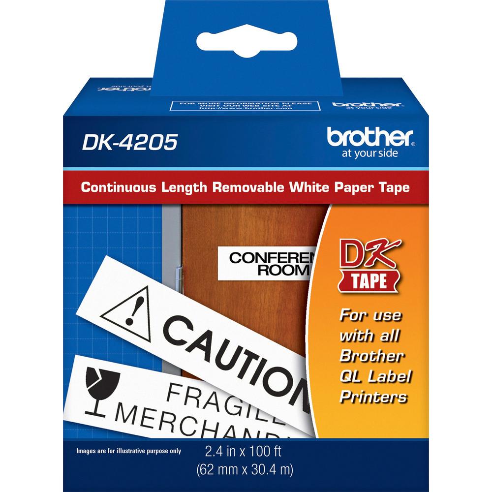 Brother DK4205 - Black on White Removable Continuous Length Paper Tape - Removable Adhesive - 2.50" Width x 100 ft Length - Direct Thermal - White - Paper - 1 / Roll. Picture 1