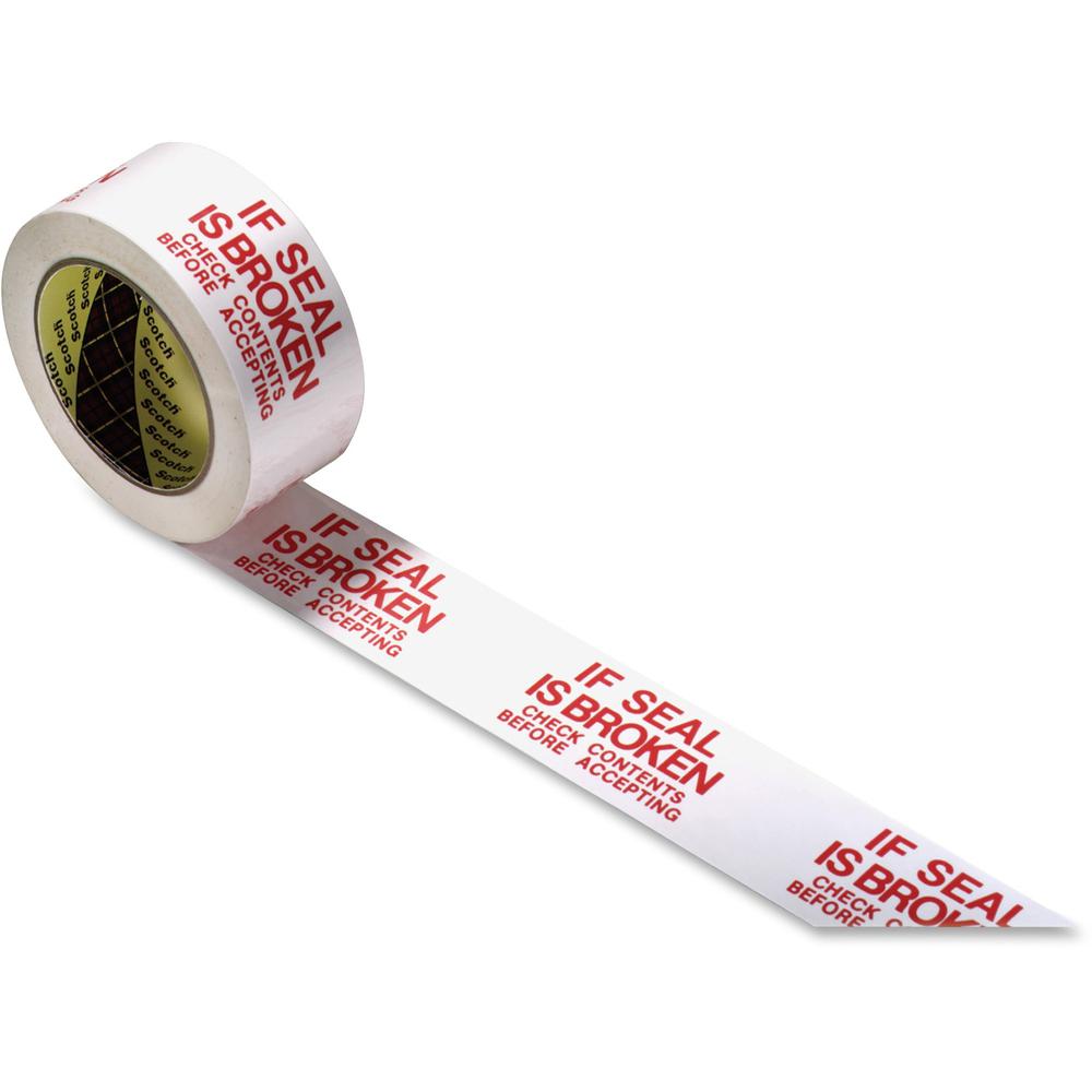 Scotch Preprinted Message Seal Broken Tape - 109 yd Length x 1.88" Width - 1.9 mil Thickness - 3" Core - 1 / Roll - White, Red. Picture 1