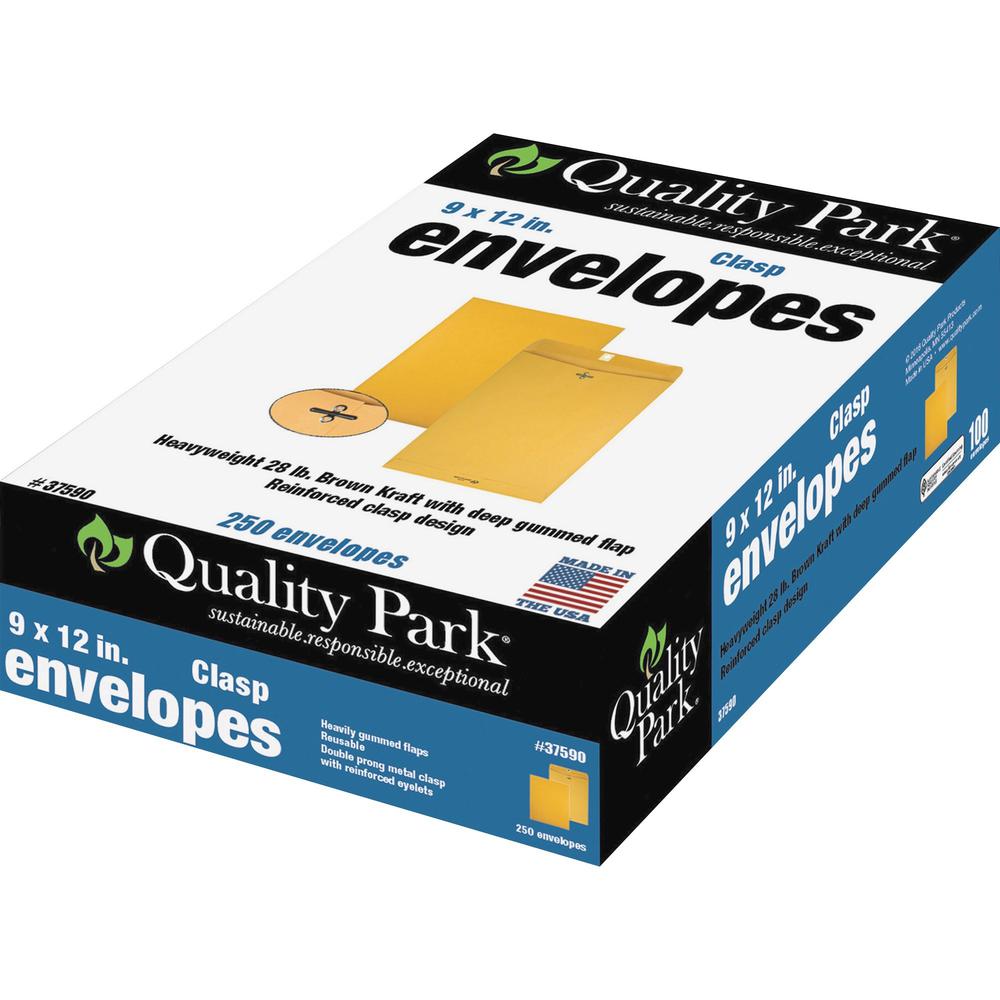 Quality Park 9 x 12 Clasp Envelopes in Dispenser Box - Clasp - #90 - 9" Width x 12" Length - 28 lb - Clasp - Kraft - 250 / Box - Kraft. Picture 1