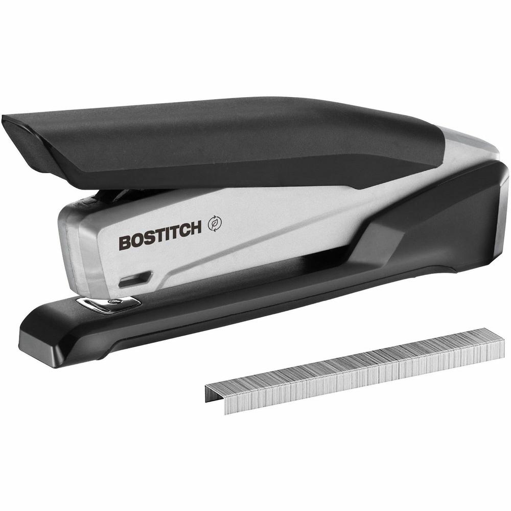 Bostitch InPower Spring-Powered Antimicrobial Desktop Stapler - 20 Sheets Capacity - 210 Staple Capacity - Full Strip - 1 Each - Silver, Black. Picture 1