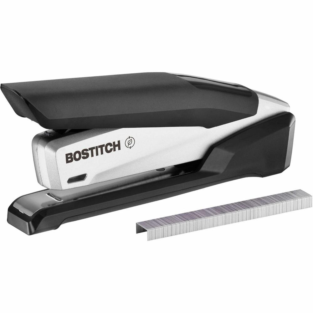 Bostitch InPower Spring-Powered Antimicrobial Desktop Stapler - 28 Sheets Capacity - 210 Staple Capacity - Full Strip - 1 Each - Silver, Black. Picture 1