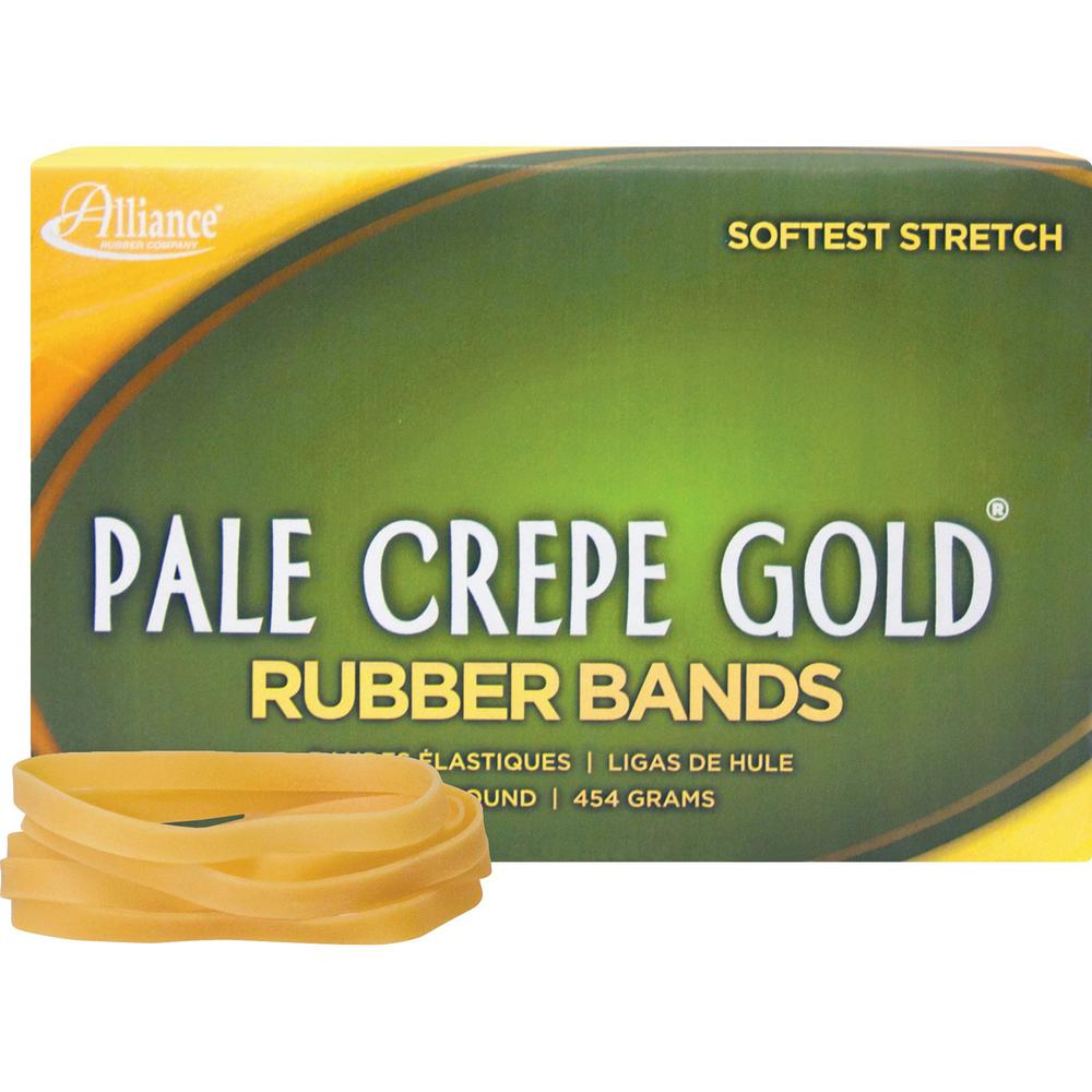 Alliance Rubber 20645 Pale Crepe Gold Rubber Bands - Size #64 - 1 lb Box - Approx. 490 Bands - 3 1/2" x 1/4" - Golden Crepe. Picture 1