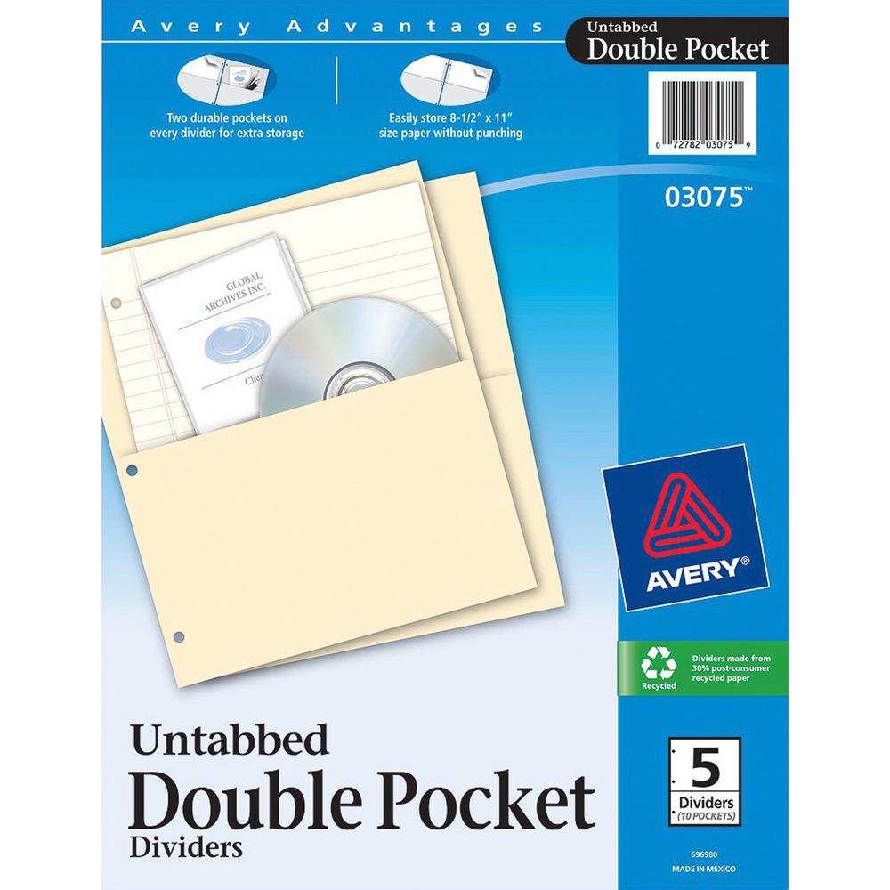 Avery&reg; Untabbed Double Pocket Dividers - 11.1" Height x 9.3" Width - 2 x Pockets Capacity - For Letter 8 1/2" x 11" Sheet - Ring Binder - Rectangular - Buff - 5 / Pack. Picture 1
