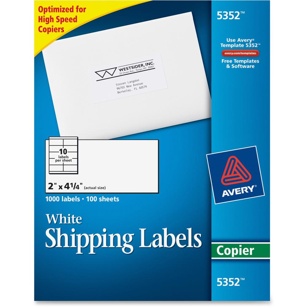 Avery&reg; Shipping Label - 2" Width x 4 1/4" Length - Permanent Adhesive - Rectangle - White - Paper - 10 / Sheet - 100 Total Sheets - 1000 Total Label(s) - 1000 / Box. Picture 1