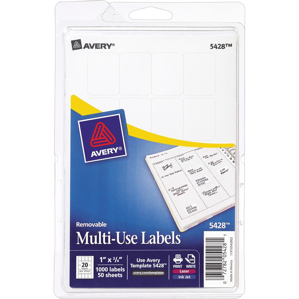 Avery&reg; Removable ID Labels - 1" Width x 3/4" Length - Removable Adhesive - Rectangle - Laser, Inkjet - White - 1000 / Pack - Self-adhesive. Picture 1