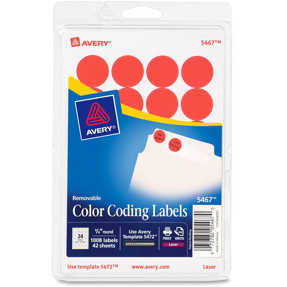 Avery&reg; Color-Coding Labels - - Height3/4" Diameter - Removable Adhesive - Round - Laser - Neon Red - 24 / Sheet - 1008 / Pack. Picture 1