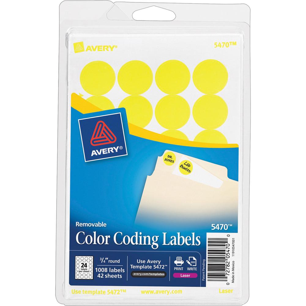Avery&reg; Color-Coding Labels - - Height3/4" Diameter - Removable Adhesive - Round - Laser - Neon Yellow - 24 / Sheet - 1008 / Pack. Picture 1
