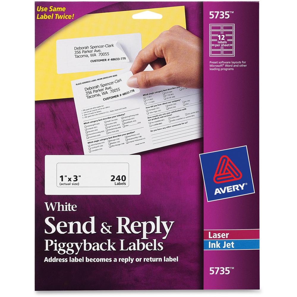 Avery&reg; Send & Reply Piggyback Labels - 1" Width x 3" Length - Permanent Adhesive - Rectangle - Laser, Inkjet - White - Paper - 12 / Sheet - 20 Total Sheets - 240 Total Label(s) - 240 / Pack. Picture 1