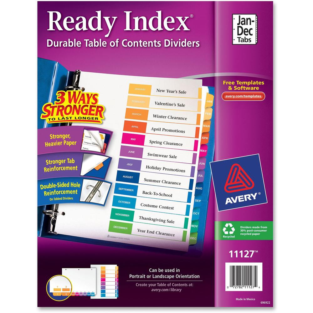Avery&reg; Ready Index Binder Dividers - Customizable Table of Contents - 12 x Divider(s) - Printed Tab(s) - Month - Jan-Dec - 12 Tab(s)/Set - 8.5" Divider Width x 11" Divider Length - Letter - 3 Hole. Picture 1