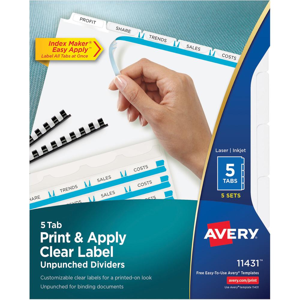 Avery&reg; Print & Apply Label Unpunched Dividers - Index Maker Easy Apply Label Strip - 25 x Divider(s) - 5 Blank Tab(s) - 5 Tab(s)/Set - 8.5" Divider Width x 11" Divider Length - Letter - White Pape. Picture 1