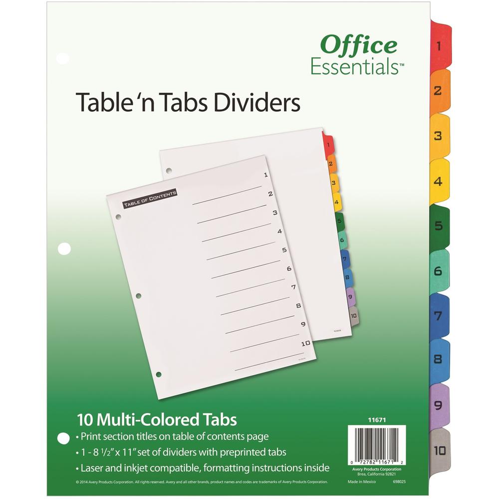Avery&reg; Table 'N Tabs Numeric Dividers - 10 x Divider(s) - 1-10 - 10 Tab(s)/Set - 8.5" Divider Width x 11" Divider Length - 3 Hole Punched - White Paper Divider - Multicolor Paper Tab(s) - 1. The main picture.