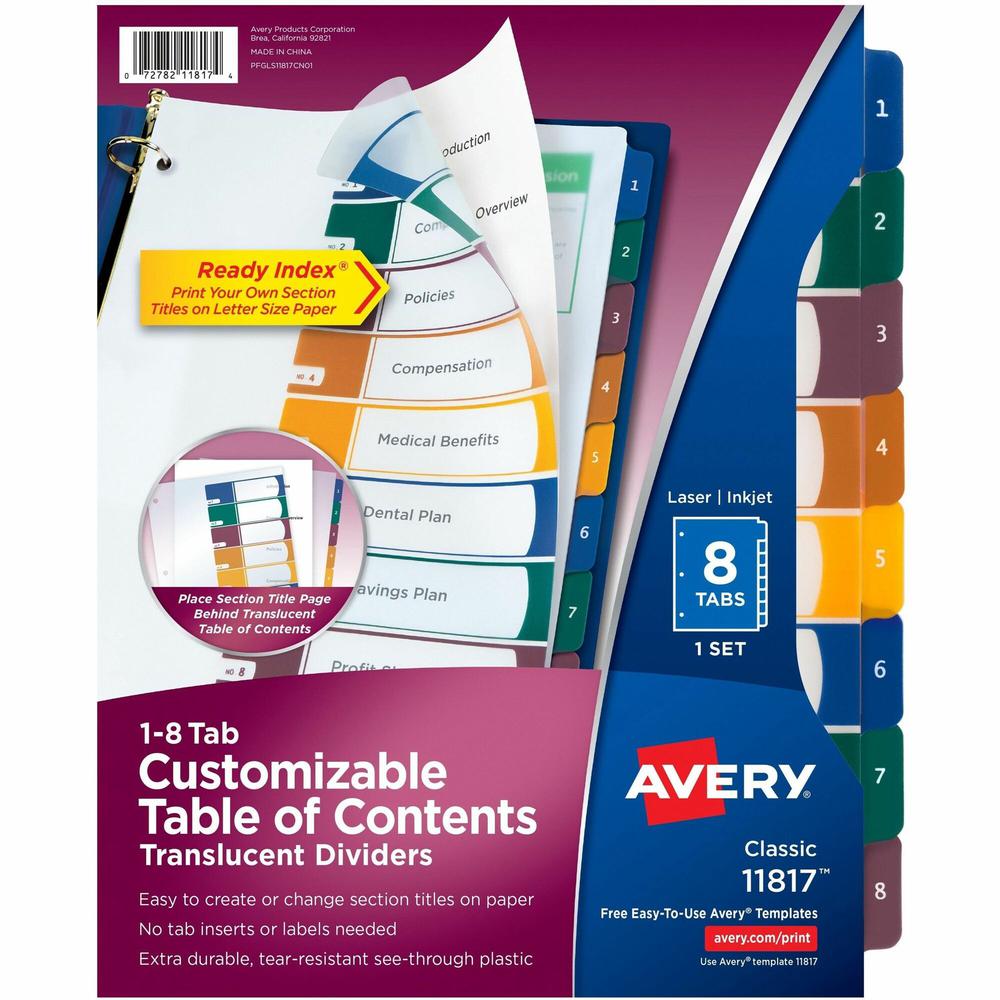 Avery&reg; Ready Index Customizable TOC Binder Dividers - 8 x Divider(s) - 8 Tab(s) - 1-8 - 8 Tab(s)/Set - 8.5" Divider Width x 11" Divider Length - 3 Hole Punched - Clear Plastic Divider - Multicolor. The main picture.