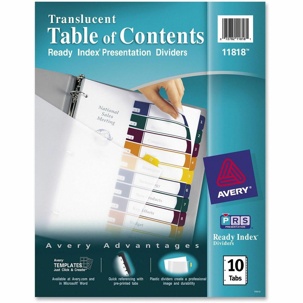 Avery&reg; Ready Index Customizable TOC Binder Dividers - 10 x Divider(s) - 10 Tab(s) - 1-10 - 10 Tab(s)/Set - 8.5" Divider Width x 11" Divider Length - 3 Hole Punched - Clear Plastic Divider - Multic. Picture 1