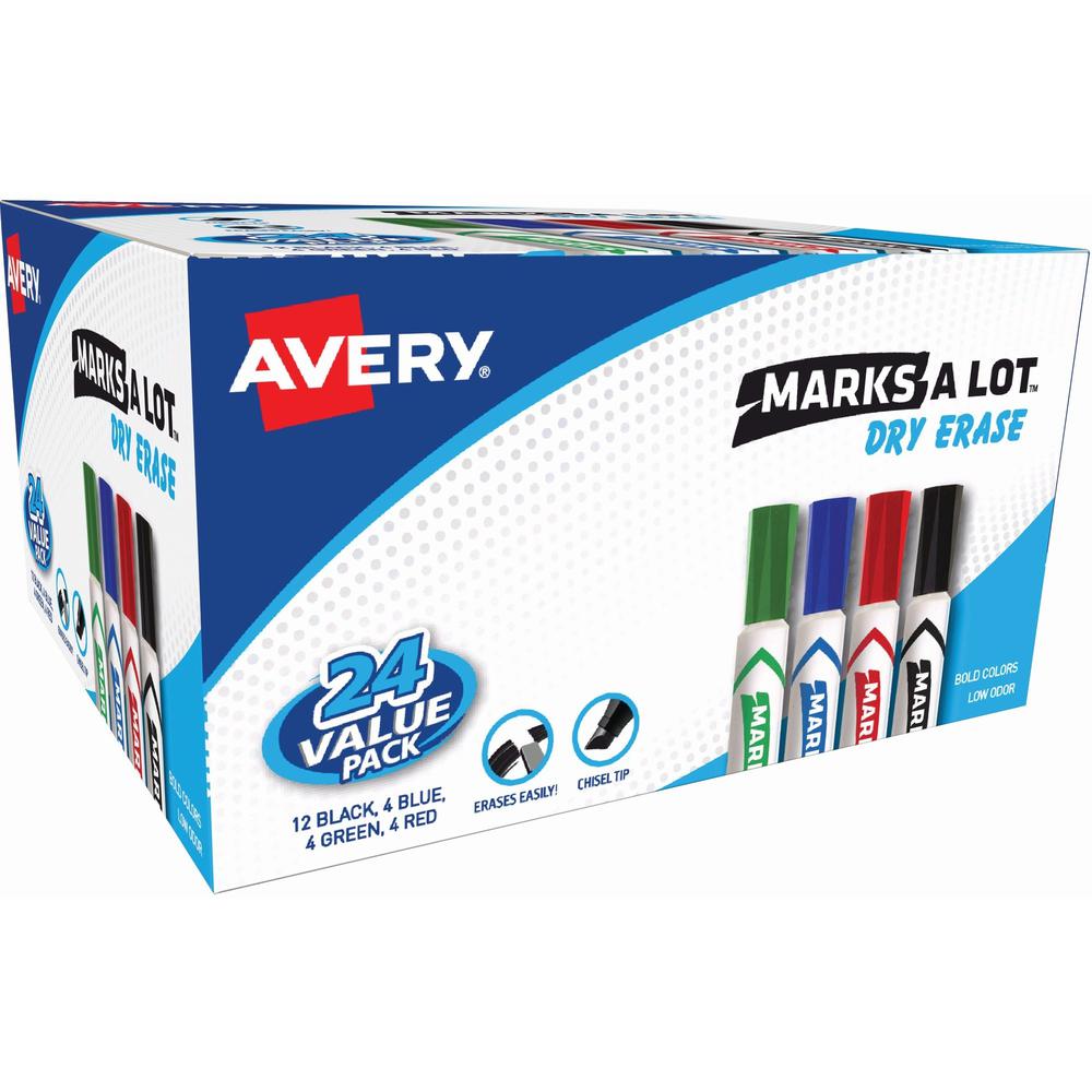 Avery&reg; Marks A Lot Desk-Style Dry-Erase Markers - Chisel Marker Point Style - Black, Blue, Green, Red - 24 / Box. Picture 1