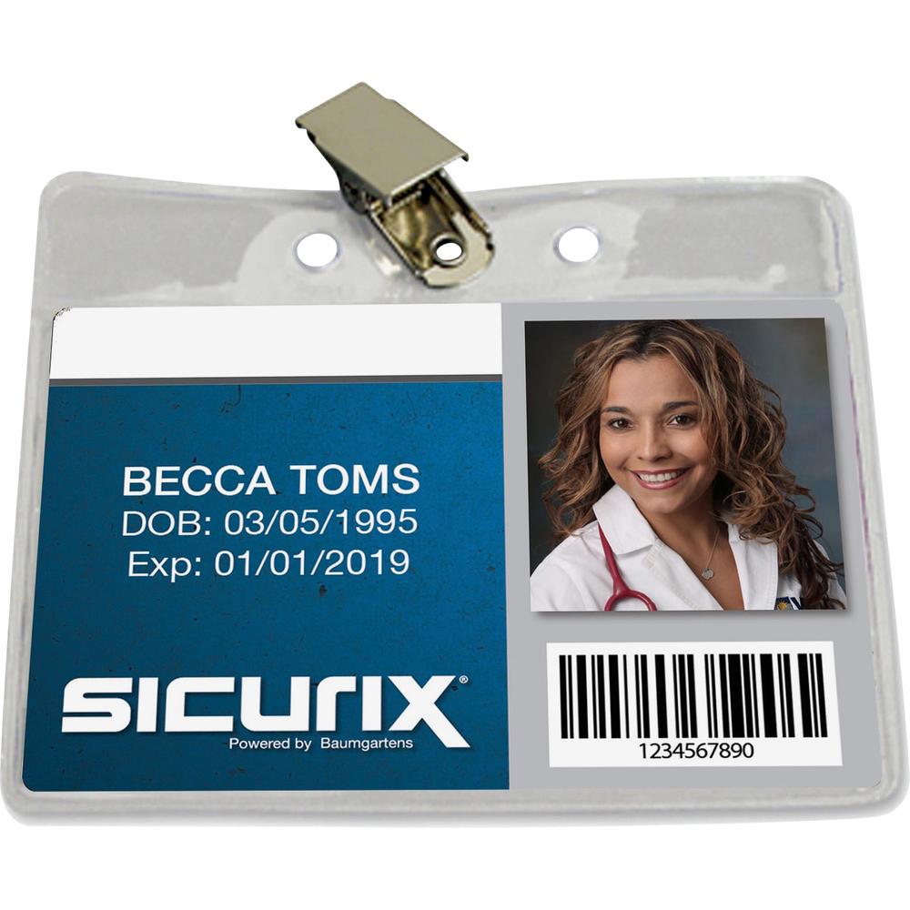 SICURIX Horizontal Badge Holder with Clip - 2.5" x 3.5" x - Vinyl - 50 / Pack - Clear. Picture 1
