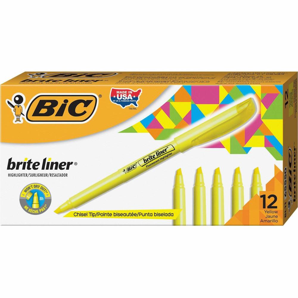 BIC Brite Liner Highlighters - Chisel Marker Point Style - Fluorescent Yellow Water Based Ink - 1 Dozen. The main picture.