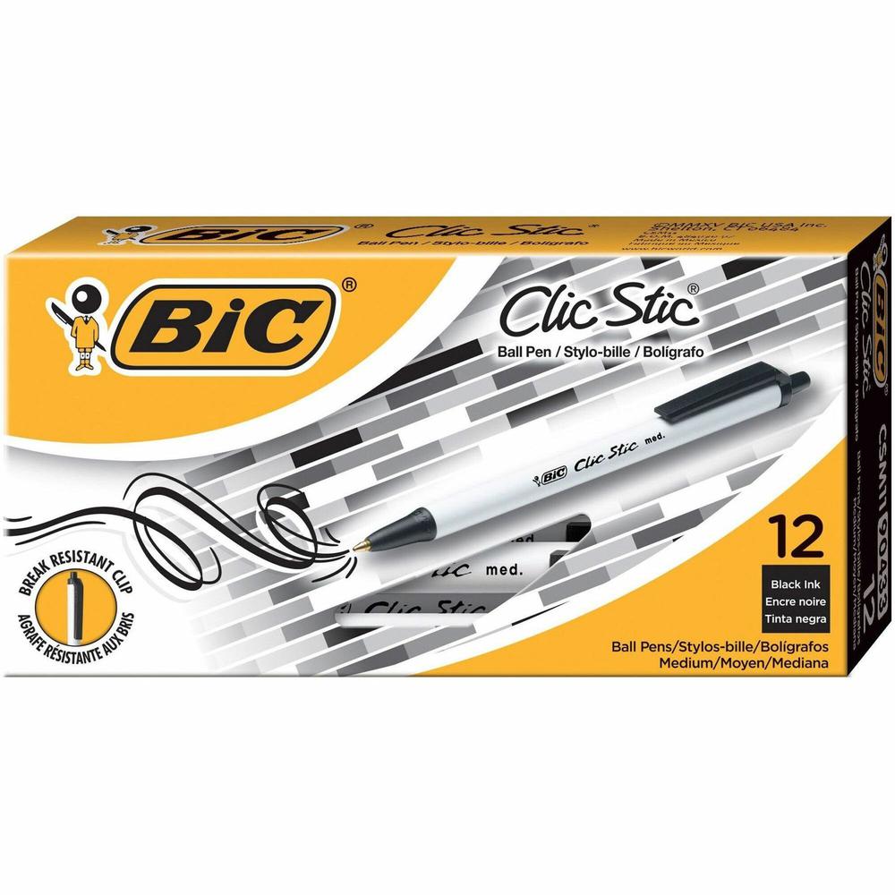 BIC Clic Stic Retractable Ballpoint Pens - Medium Pen Point - Retractable - Black - White Barrel - 1 Dozen. Picture 1
