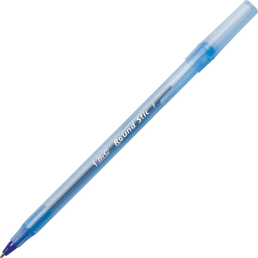 BIC Round Stic Ballpoint Pens - Fine Pen Point - Blue - Blue Barrel - 1 Dozen. Picture 1