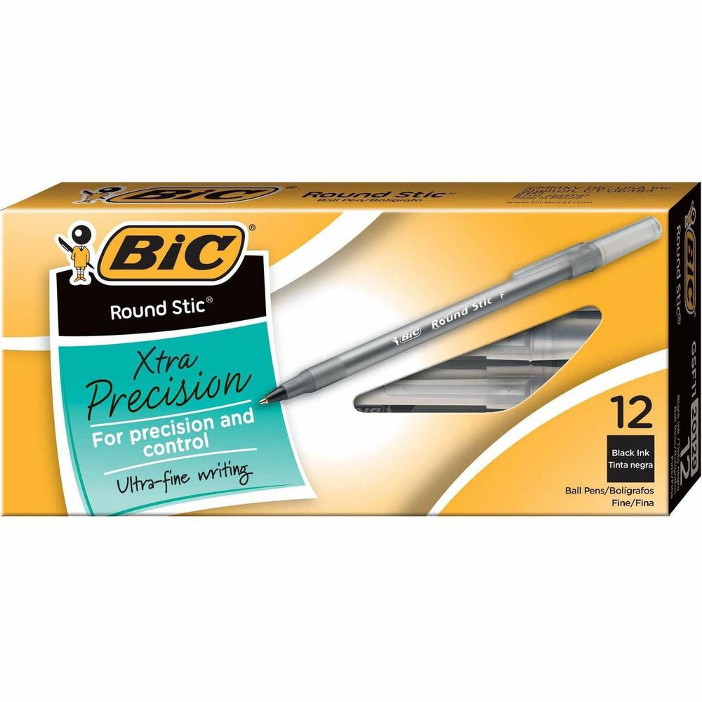 BIC Round Stic Ballpoint Pens - Fine Pen Point - Black - Frost Barrel - 1 Dozen. Picture 1