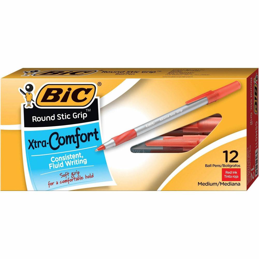 BIC Round Stic Grip Ballpoint Pen - Medium Pen Point - Red - Frost Barrel - 1 Dozen. Picture 1