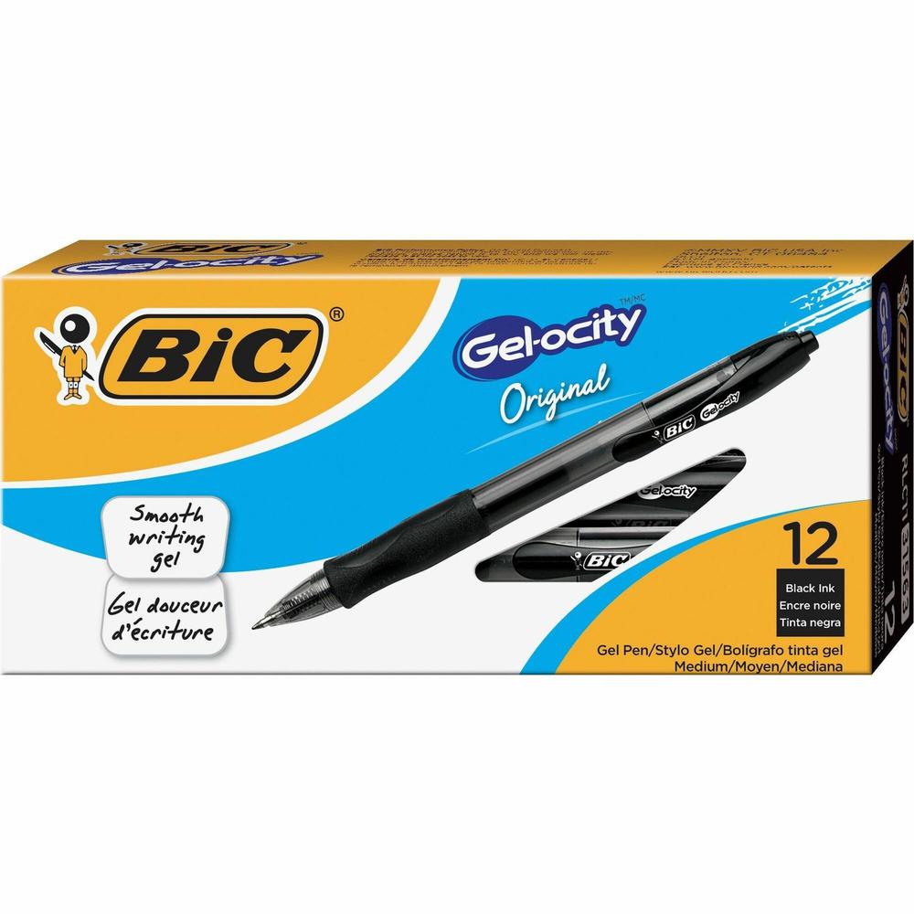 BIC Gel Retractable Pens - Medium Pen Point - 0.7 mm Pen Point Size - Refillable - Retractable - Black Gel-based Ink - Translucent Barrel - 1 Dozen. The main picture.