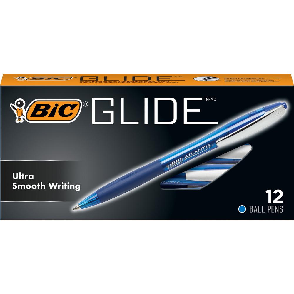 BIC Glide Retractable Pens - Medium Pen Point - 1 mm Pen Point Size - Retractable - Blue - Clear Barrel - 1 Dozen. Picture 1