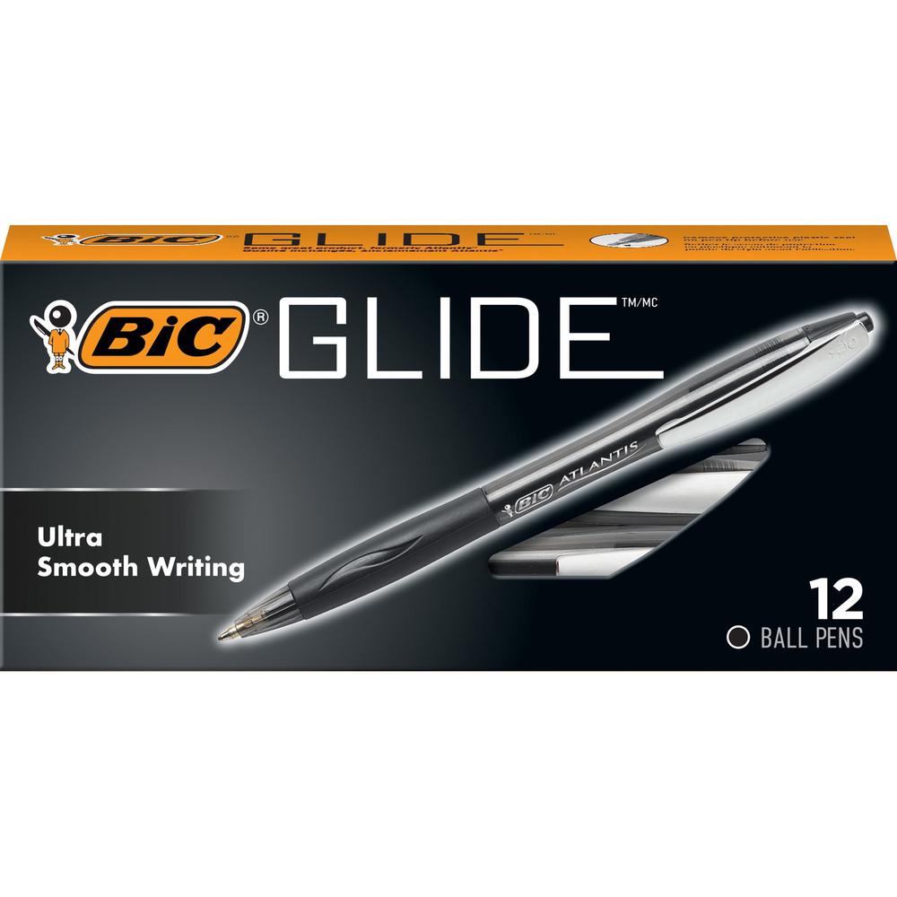 BIC Glide Retractable Pens - Medium Pen Point - 1 mm Pen Point Size - Conical Pen Point Style - Retractable - Black - Clear Barrel - 1 Dozen. The main picture.