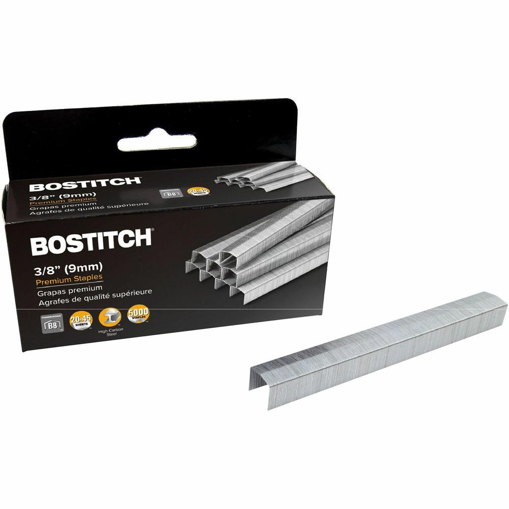 Bostitch B8 PowerCrown 3/8" Staples - 210 Per Strip - 3/8" Leg - 1/2" Crown - Holds 45 Sheet(s) - Chisel Point - Silver - High Carbon Steel - 2" Height x 0.5" Width0.4" Length - 5000 / Box. Picture 1