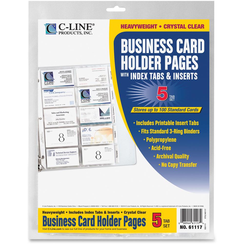 C-Line Business Card Holder Pages with Index Tabs for Ring Binders, Poly - 5-Tab Set, Holds 20 Cards/Page, 3-Hole Punched, 11 x 8-1/2, 5/PK, 61117. Picture 1