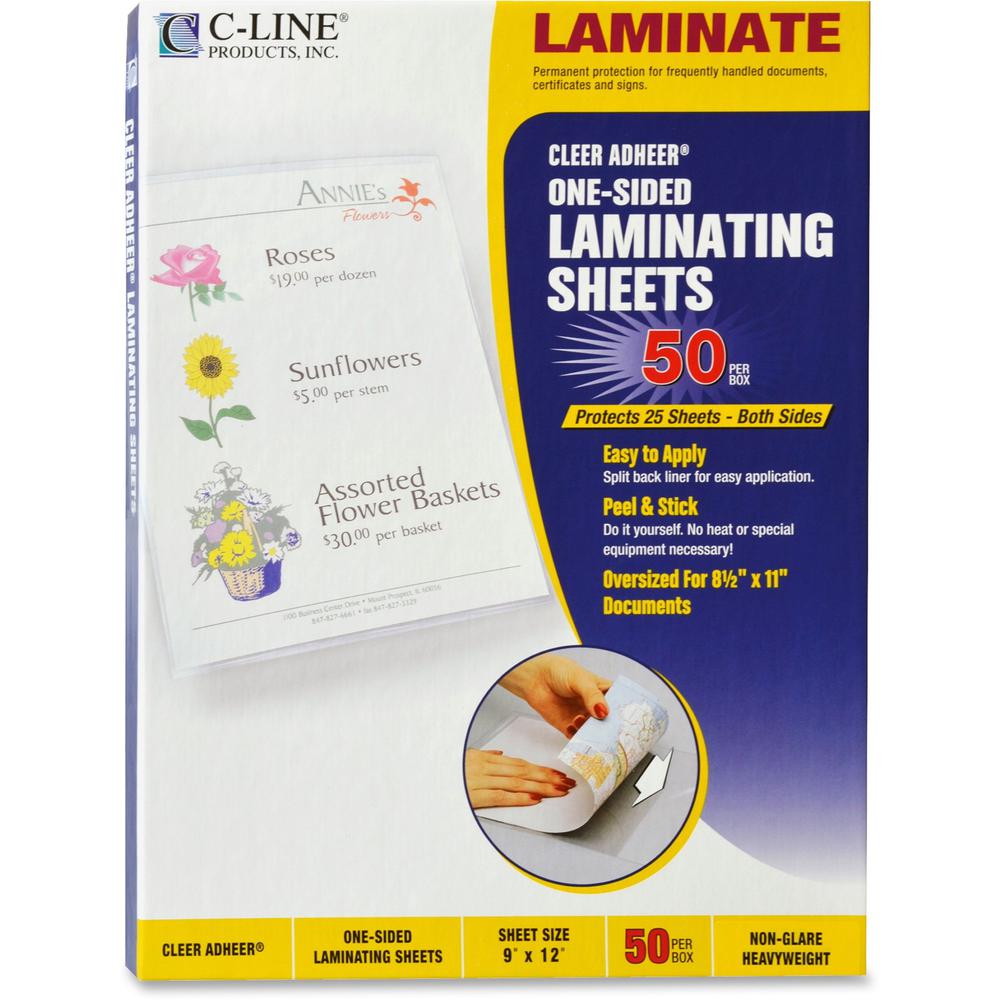 C-Line Heavyweight Cleer Adheer Laminating Sheets - Non-glare, One-Sided, 9 x 12, 50/BX, 65004. Picture 1